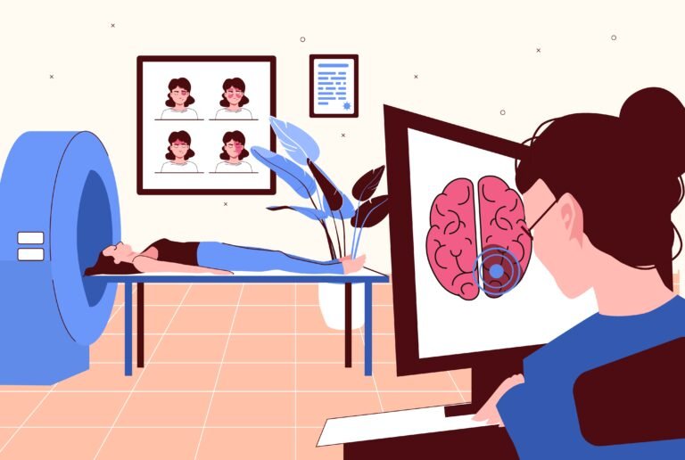 名放射科医生正对着电脑屏幕观察患者的脑部扫描图，屏幕上显示出大脑特定区域的病灶，背景中患者正在接受MRI检查。